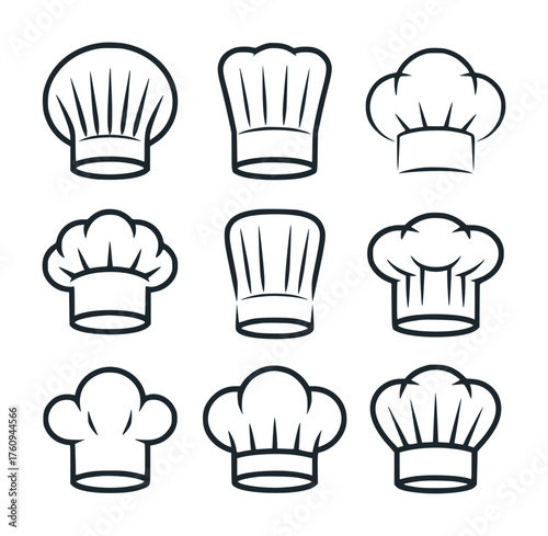 Collection of nine chef hat icons in various styles