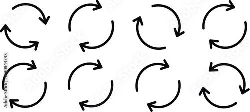 Set of Eight Circular Arrows Design Elements in Black on Transparent Background