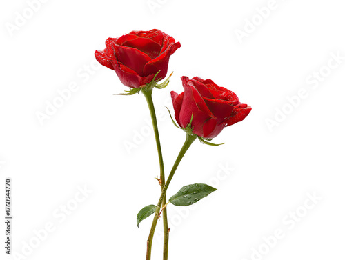 Two vibrant red roses, close-up, on a black background.  The roses are in focus, with deep crimson petals and visible details.  Stems and small leaves are also visible