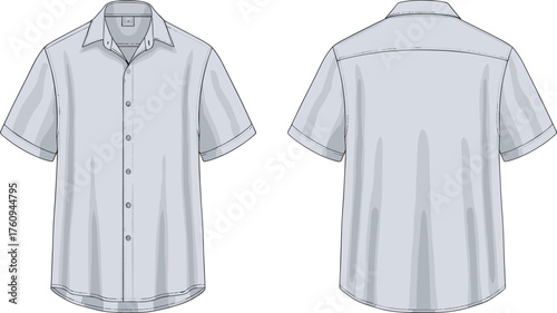 Short sleeve button up shirt flat sketch, front and back view, classic collar, folded hem sleeve, fashion garment technical drawing
