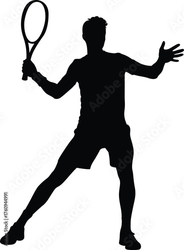 Silhouette of a male tennis player in motion preparing to hit a forehand shot with a racket
