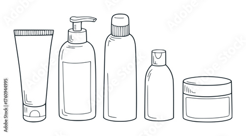 Hand-drawn collection of cosmetic bottles and jars for skincare