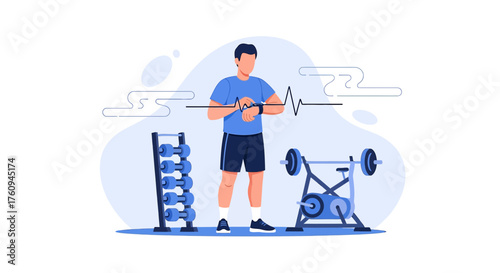Illustration of a man checking his heart rate on a smartwatch during exercise at gym