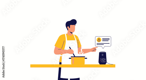 Illustration of a man cooking while interacting with a smart home assistant device