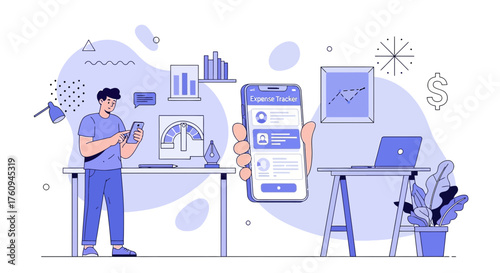 Illustration of a man using an expense tracker app on his phone at his desk setup