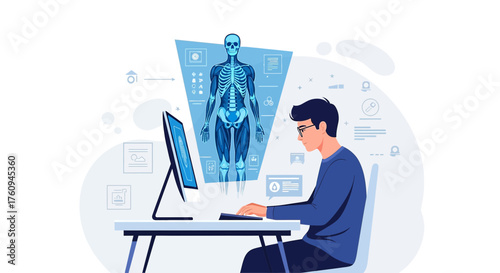 Illustration of a man working on a computer with medical imaging showing human anatomy