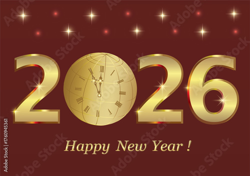 Merry Christmas and Happy New Year 2026. Holiday banner with gold numerals 2026 and earth globe with clock on red background with stars. Vector illustration.