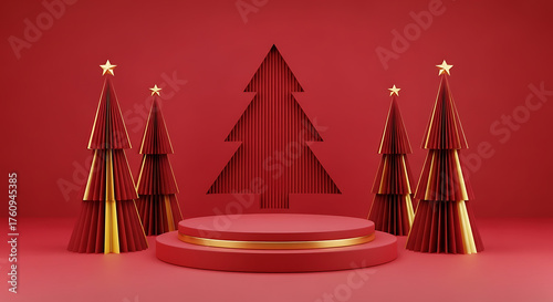 Red and Gold Product Showcase with Geometric Trees on Red Studio Backdrop