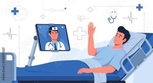 Illustration of a patient in a hospital bed using telehealth with a doctor on screen
