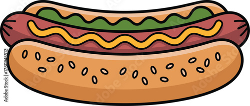 Vector illustration of a classic hot dog, featuring a grilled sausage with yellow mustard and green relish in a sesame seed bun. Perfect for fast food menus and promotional designs