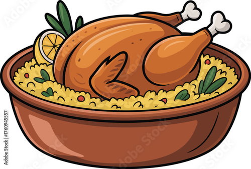 Deliciously golden roasted chicken served in a traditional bowl with aromatic rice and fresh garnishes, a classic culinary vector illustration perfect for menus or food designs