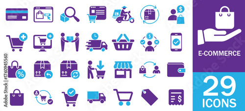 E-Commerce icons Set. online shopping, delivery, shipping, payment, cart, basket, credit card, wallet, store, shop, package and more. solid icons Vector Style on White Background