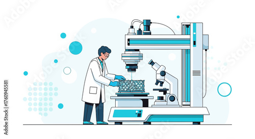 Illustration of a scientist analyzing a sample with advanced scientific equipment in a laboratory