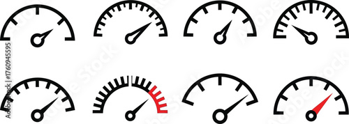 Speedometer Gauges Set Dashboard Indicators with Needles, Minimalist Line Style, White Background
