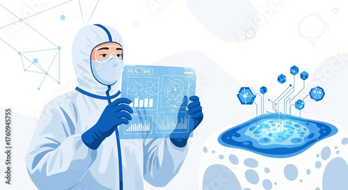 Illustration of a scientist in a hazmat suit analyzing real-time data and future research
