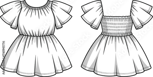 Short sleeve dress design, gathered neckline garment, ruffled sleeve fashion sketch, smocked bodice back, flared skirt illustration, sewing pattern reference