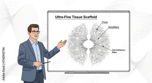 Illustration of a scientist explaining ultra-fine tissue scaffold for medical research