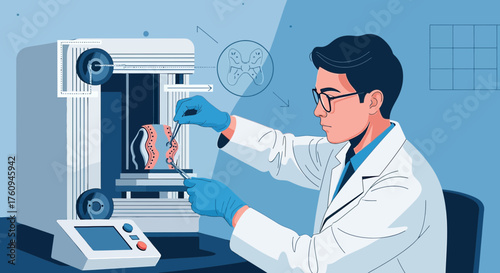 Illustration of a scientist using a 3D bioprinting machine for tissue engineering research