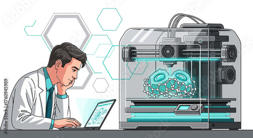 Illustration of a scientist using 3D printing technology for medical research innovation and