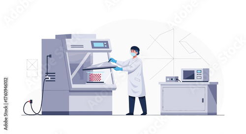 Illustration of a scientist working with cell cultures in a sterile environment for research and