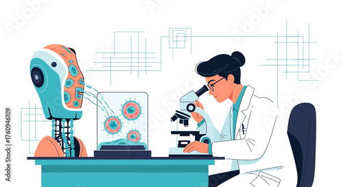 Illustration of a Scientist Working with a Robot on Virus Research in a Lab Setting