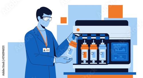 Illustration of a scientist working with scientific equipment in a laboratory setting