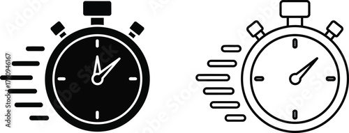 Stopwatch Timer Icons Set, Speed Lines Showing Fast Movement, Isolated on Transparent