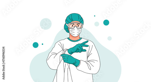 Illustration of healthcare worker wearing full personal protective equipment against virus infection