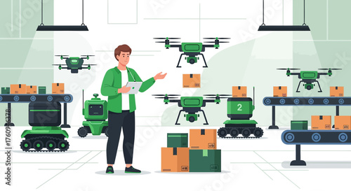 Illustration of automated delivery system with drones robots and conveyor belts in a factory setting