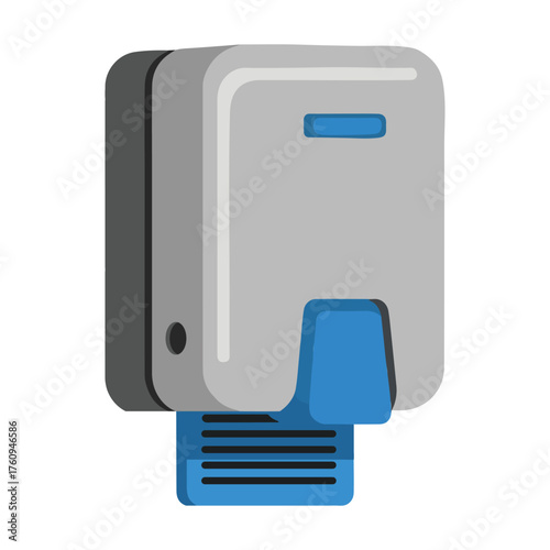 Illustration of a gray and blue hand dryer with a modern design.