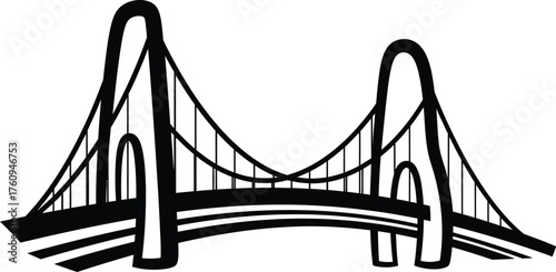 Stylized Black and White Suspension Bridge on Transparent Background