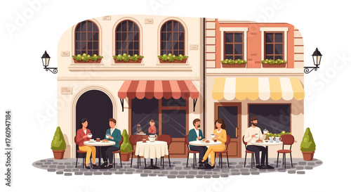 Vector illustration of people dining at an outdoor cafe on a charming European street.