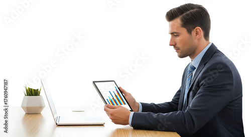 Businessman analyzing charts on tablet isolated on transparent background