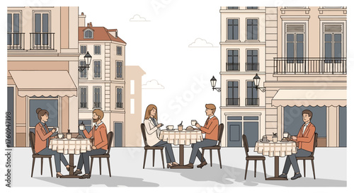 People dining at outdoor cafes in a European city street.