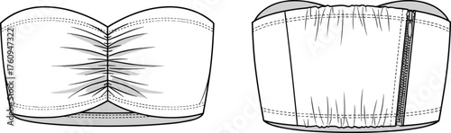 Strapless bandeau top flat sketch, front and back view, sweetheart neckline, ruched center, zipper closure, elastic back, fashion design