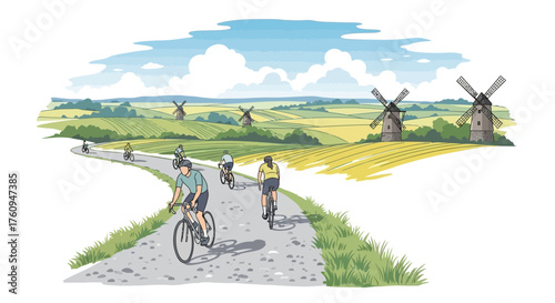 An illustration of cyclists riding on a winding road through a rural landscape with fields and several windmills under a blue sky with clouds.