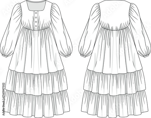 Tiered dress design, long puff sleeve garment sketch, button front bodice detail, gathered bust illustration, fashion technical drawing, sewing pattern reference