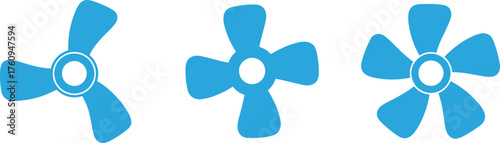Three Sky Blue Fan Silhouettes with Three, Four, and Five Blades on White