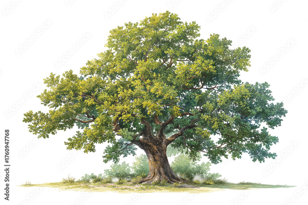 Obraz premium A vibrant, detailed illustration of a large oak tree. The tree's canopy is full of light green leaves, with some areas of yellowish-green highlights. 