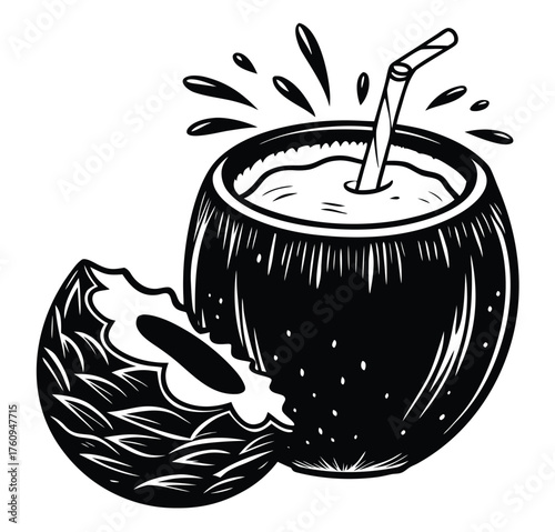 Coconut Milk Rich and Aromatic Drink Illustration Featuring a Half Coconut, Straw, and Splashes in Black and White