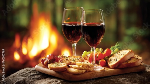 Two glasses of red wine sit beside a wooden platter filled with assorted snacks. A warm campfire crackles nearby, casting a soft glow in the serene forest setting, creating a relaxing ambiance
