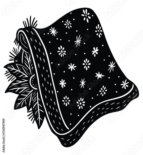 Black and white floral patterned square textile with detailed botanical illustration, ideal for design elements, crafts, and textile design projects, featuring detailed textures and patterns