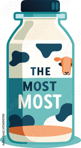A refreshing bottle of milk with a cow pattern and the words 'The Most Most' emblazoned on it, symbolizing purity and a delightful dairy experience perfect for a healthy lifestyle