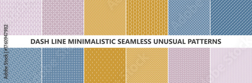 Collection of colorful dash geometric seamless patterns. Repeatable simple striped backgrounds, textile unusual minimalistic prints. Endless linear textures