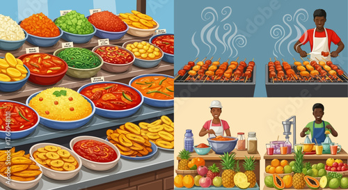 A vibrant collage showcasing diverse food stalls and culinary preparations, including a buffet of colorful dishes, grilled skewers, and fresh produce stands.