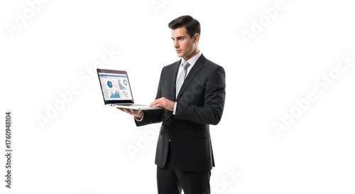 Businessman in a suit holding a laptop with charts isolated on transparent background