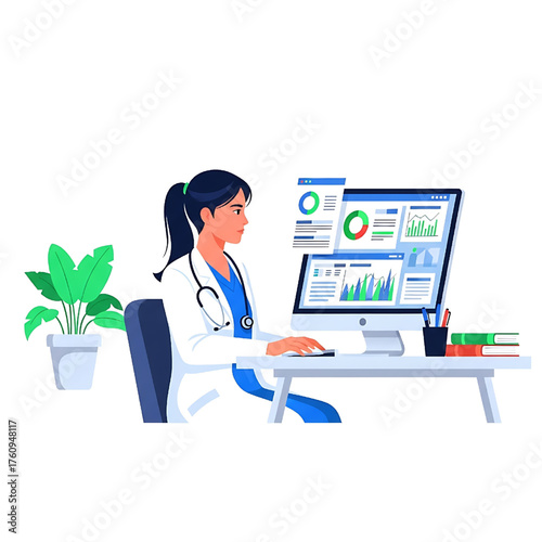 Doctor Analyzing Medical Data on Computer Screen in Office
