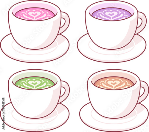 Pink latte, purple latte, matcha latte cups. Novelty coffee drinks, cute cartoon drawing set. Isolated vector illustration.