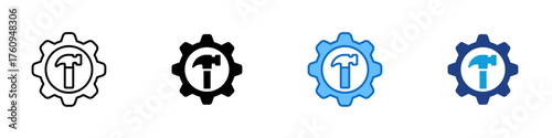 Construction Setting Multiple Style Icon Design Vector - Gear with hammer inside, representing construction system setup, building tools, and technical adjustment process