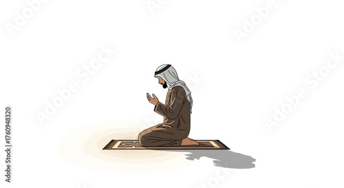 An illustration of a Muslim man in traditional attire kneeling on a prayer mat, hands raised in prayer or supplication, on a white background.
